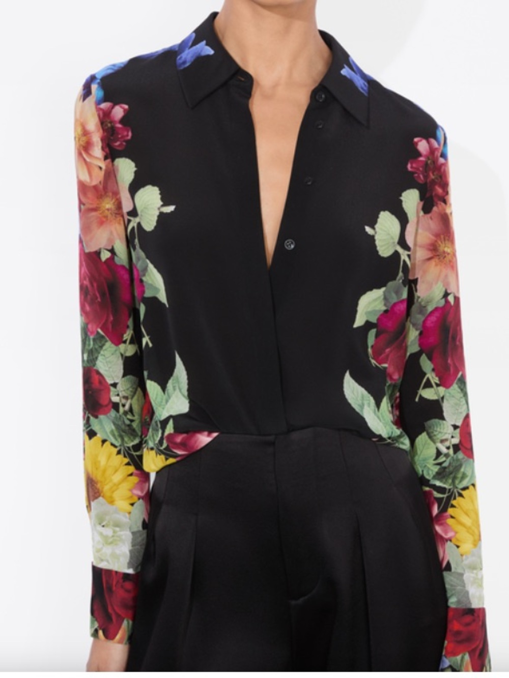 New Alice + Olivia Brady Garden Brunch Black Blouse XS -Slim Fit Silk Button-Up